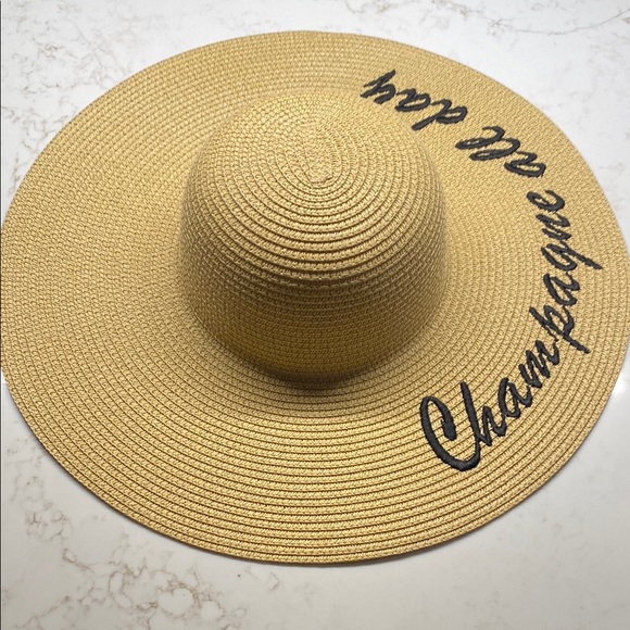 Hat CHAMPAGNE ALL DAY Embroidered Tan Wide Brim Sun Hat Beach Hat Vacation - Picture 1 of 4